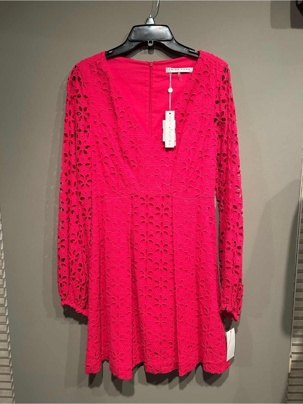 Trina Turk Hot Pink Eyelet Lace Long-Sleeve Mini Dress